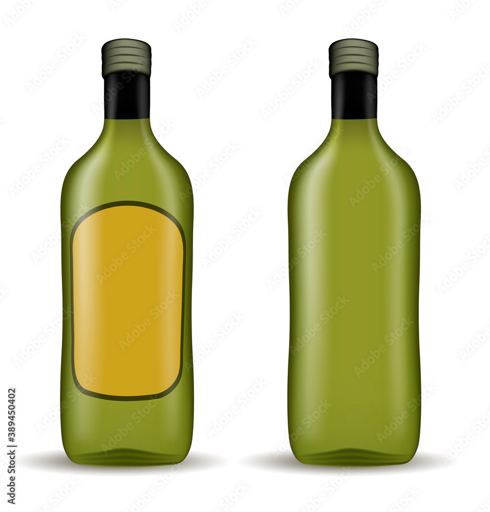Realistic glass oil bottle with screw cap, with and without empty label isolated on white background Realistic glass oil bottle with screw cap, with and without empty label isolated on white background
