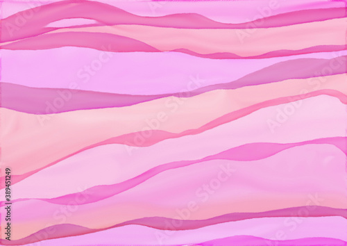 Colorful watercolor background of abstract wavy lines in flowing bright pastel colors of pink orange and purple, waves of soft blurred textured striped colors
