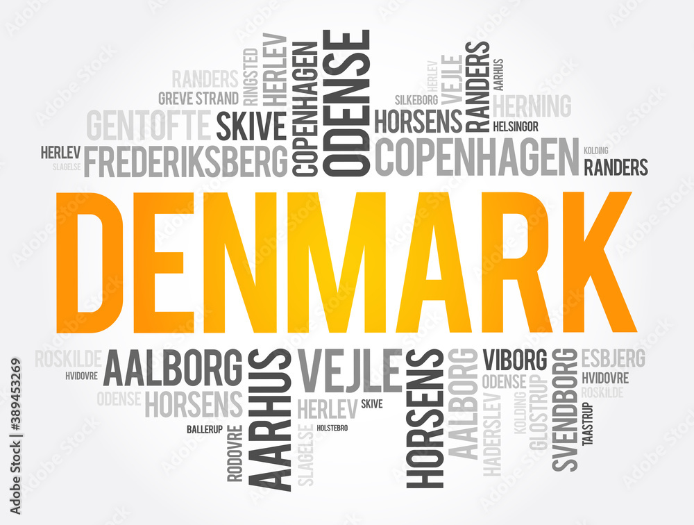 Fototapeta premium List of cities and towns in Denmark, word cloud collage