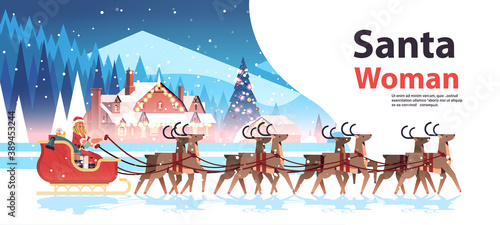woman in santa claus costume riding sledge with reindeers happy new year merry christmas holiday celebration concept winter landscape background horizontal copy space vector illustration