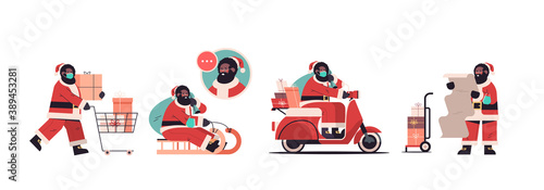 set african american santa claus delivering gifts merry christmas happy new year holidays celebration concept horizontal full length vector illustration