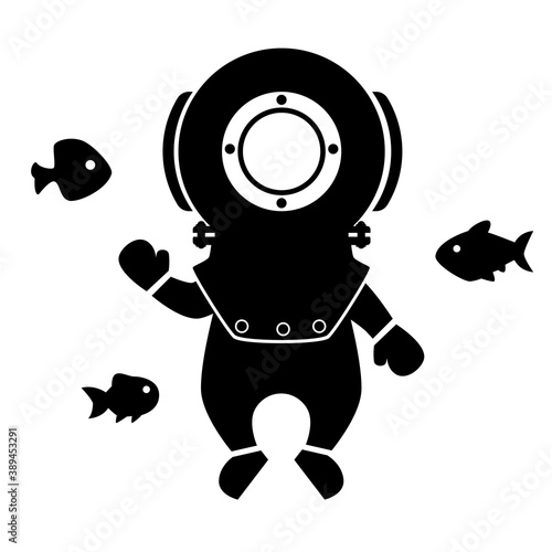 Black silhouette of a diver in an old suit with fishes. Flat design for poster or t-shirt. Vector illustration
