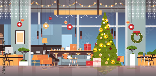 living room with decorated fir tree and garlands for new year christmas holidays celebration concept home interior horizontal vector illustration