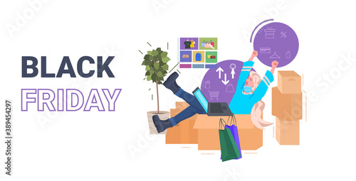woman using laptop buying online in computer app black friday big sale concept full length horizontal vector illustration