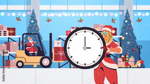santa claus with elf and santa woman preparing gifts on happy new year merry christmas winter holidays celebration concept workshop interior horizontal vector illustration