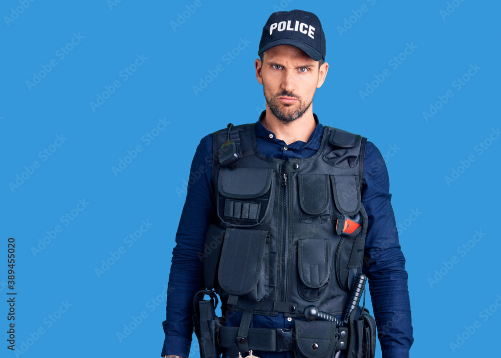 Young handsome man wearing police uniform skeptic and nervous, frowning upset because of problem. negative person. Young handsome man wearing police uniform skeptic and nervous, frowning upset because of problem. negative person.