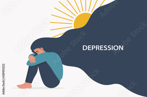 Sad lonely Woman in depression with flying hair, sitting and hugging her knees. Vector illustration in flat cartoon style