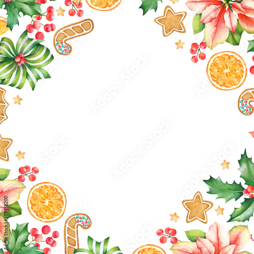Frame with decorative floral and food elements for new year design.