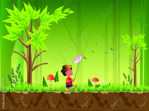 Forest vector illustration with trees, flower, fly agaric and character - boy entomologist catching butterflies. For video and web design, games, print, magazines, newspapers, books and posters.