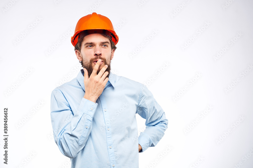 Worker man in orange paint engineer emotions industry construction Worker man in orange paint engineer emotions industry construction