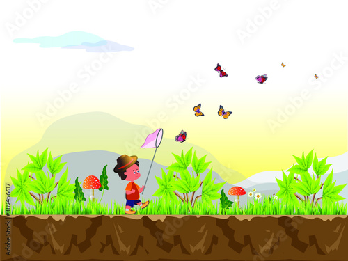 Vector background illustration with trees, bushes, flowers, fly agaric and character - boy entomologist catching butterflies. For video, web design, games, print, magazines, books and posters.