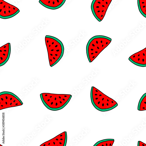 Vector outline illustration of group of slice fresh red and green watermelon with black seeds isolated on a white background. Seamless pattern