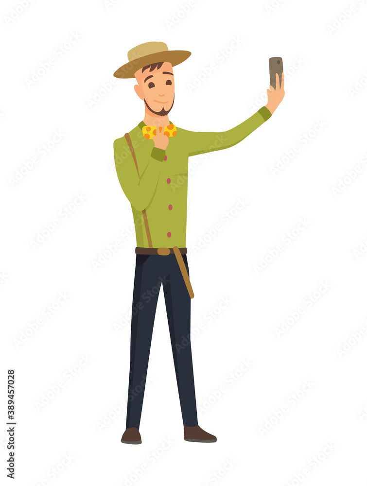 Selfie concept with young man in hat standing and make a self portrait with mobile phone camera in flat style.