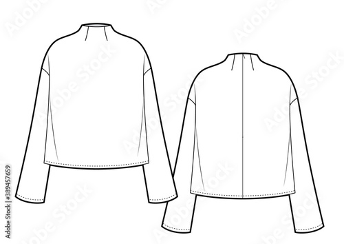 Women's elegant top fashion flat sketch, blouse, stand collar, apparel template