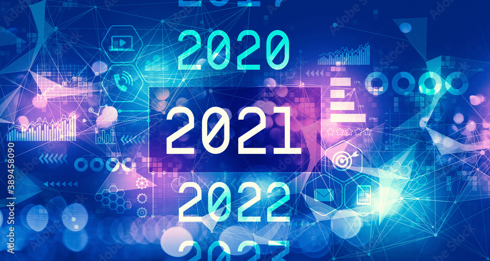 2021 New Year concept with technology blurred abstract light background