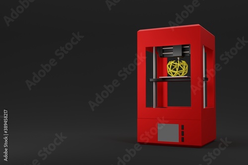 Modern red 3D printer on black background with copy space, 3D rendering