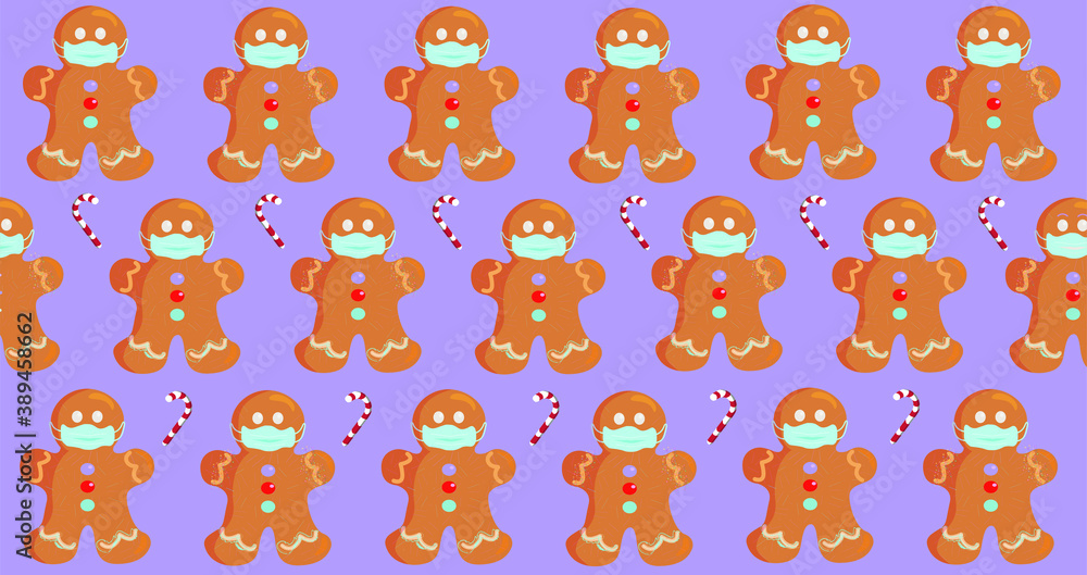 The sweetest gingerbread men with masks and a candy on the light purple background. Christmas time. Decoration food. Funny stickers. Holidays. Christmas time. New year vacation. Christmas background. The sweetest gingerbread men with masks and a candy on the light purple background. Christmas time. Decoration food. Funny stickers. Holidays. Christmas time. New year vacation. Christmas background.