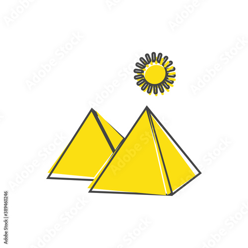 Vector icon pyramid and sun in the desert cartoon style on white isolated background.