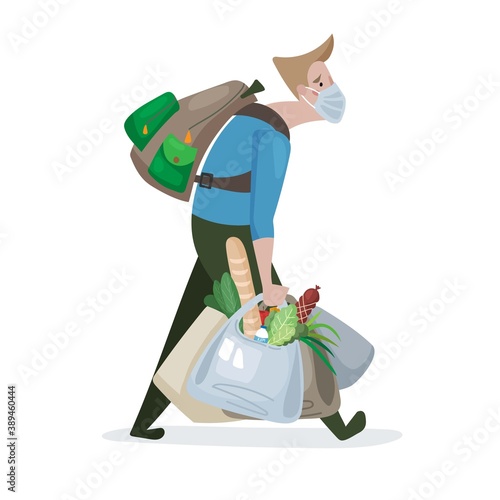 Vector illustration character tired man in a medical mask loaded with purchases of food. A guy with a heavy backpack and a lot of shopping bags. Protective mask against coronavirus.