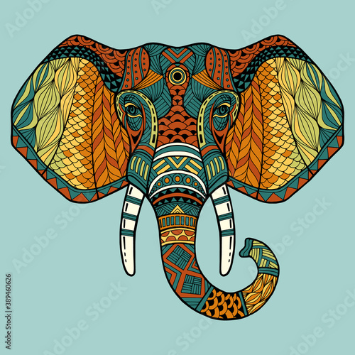 Elephant from the front with two tusks and trunk. Multi-color abstract image of an elephant head with a black outline. It may be used for design of a t-shirt, bag, postcard, a poster, banner. Vector.