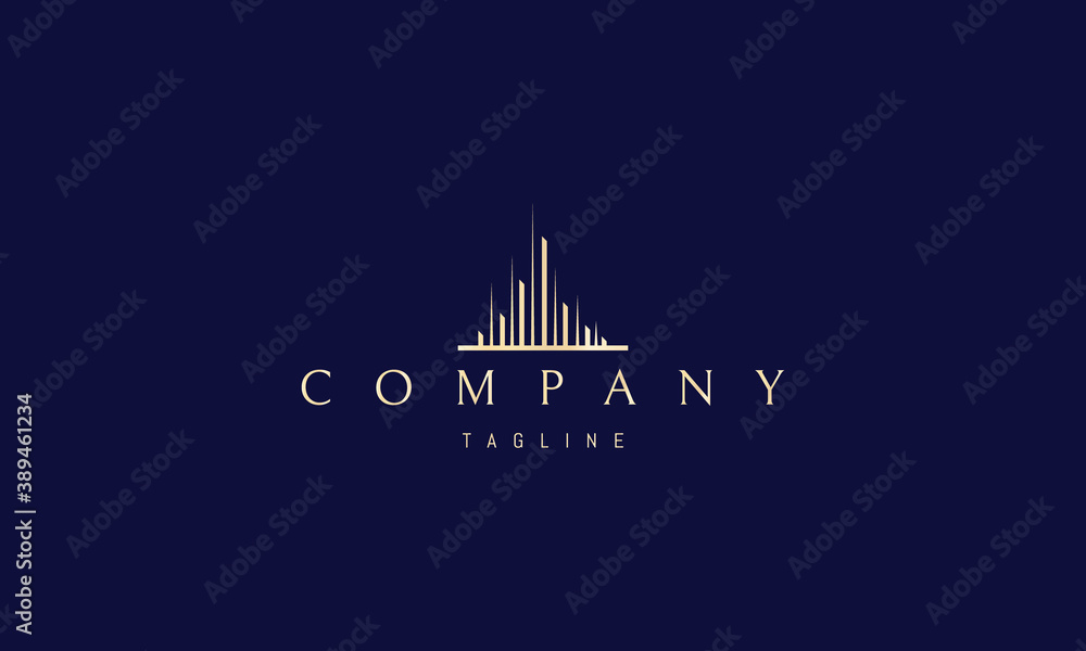 Obraz premium Vector golden logo on which an abstract image of the cityscape with skyscrapers.