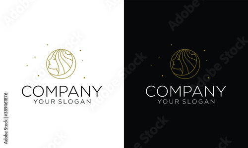 Logo design template vector and abstract concept - woman's face and portrait on circle badge in trendy linear style - beauty symbol for hair salon or organic cosmetics