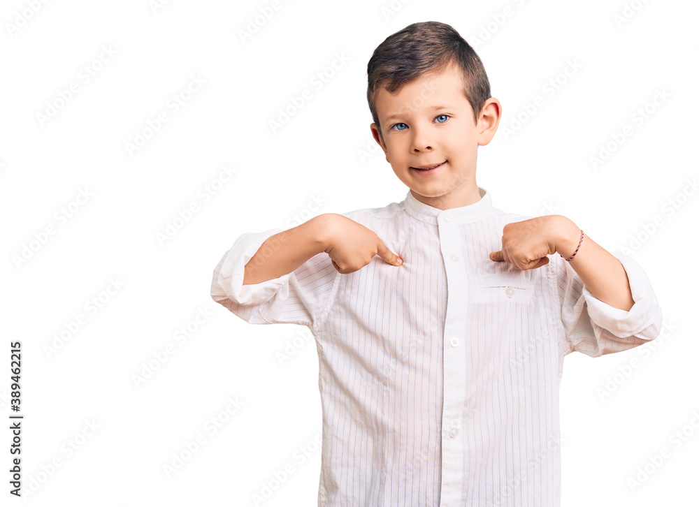 Cute blond kid wearing elegant shirt looking confident with smile on face, pointing oneself with fingers proud and happy. Cute blond kid wearing elegant shirt looking confident with smile on face, pointing oneself with fingers proud and happy.