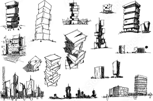 many hand drawn architectectural sketches of a modern abstract architecture and detached houses and urban ideas 