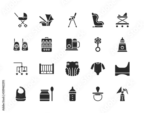 Baby items flat glyph icons set. Vector illustration necessary things for the baby and parents