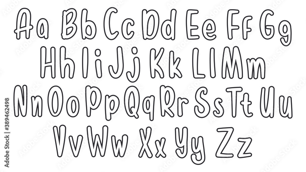 Set of hand drawn alphabet font. Simple outline letters. Handwritten alphabet uppercase lowercase letters. Vector Illustration. EPS 10