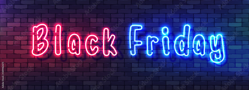 Black Friday Sale Neon Colorful Banner. Handwritten Neon Alphabet on a Dark Brick Wall Background. Colorful bright drawn typeface for night bright advertising. Vector Illustration. EPS 10