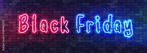 Black Friday Sale Neon Colorful Banner. Handwritten Neon Alphabet on a Dark Brick Wall Background. Colorful bright drawn typeface for night bright advertising. Vector Illustration. EPS 10