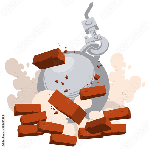 Heavy metal wrecking ball breaking wall