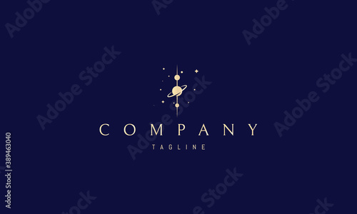 Vector golden logo on which an abstract image of three planets lined up in a row.