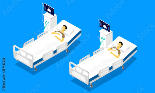 
A man in a hospital bed is hooked up to a ventilator. isometric medicine
