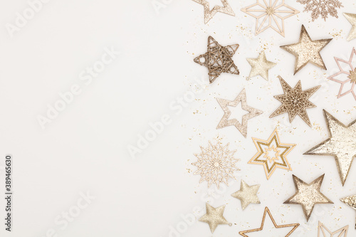 Christmas flatlay decor background on the white wooden table.