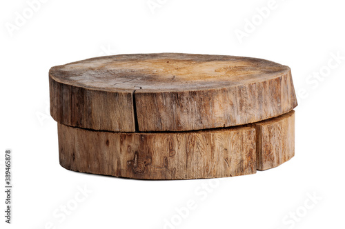 two wooden old circle coasters lie on top of each other isolated on white background