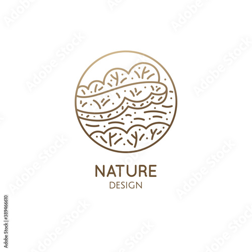 Nature logo - coast, trees, river. Linear icon of pattern landscape. Vector illustration of growing plants and trees. Round emblem for travel, alternative medicine, ecology concept, spa and health