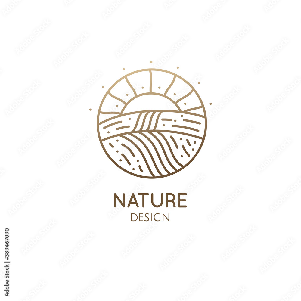 Natural landscape, fields and sun at sunset. Vector linear logo farm template, fertile fields planted with eco products. Fertile land with harvest. Outline icon of countryside, agriculture business Natural landscape, fields and sun at sunset. Vector linear logo farm template, fertile fields planted with eco products. Fertile land with harvest. Outline icon of countryside, agriculture business