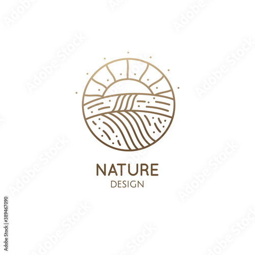 Natural landscape, fields and sun at sunset. Vector linear logo farm template, fertile fields planted with eco products. Fertile land with harvest. Outline icon of countryside, agriculture business