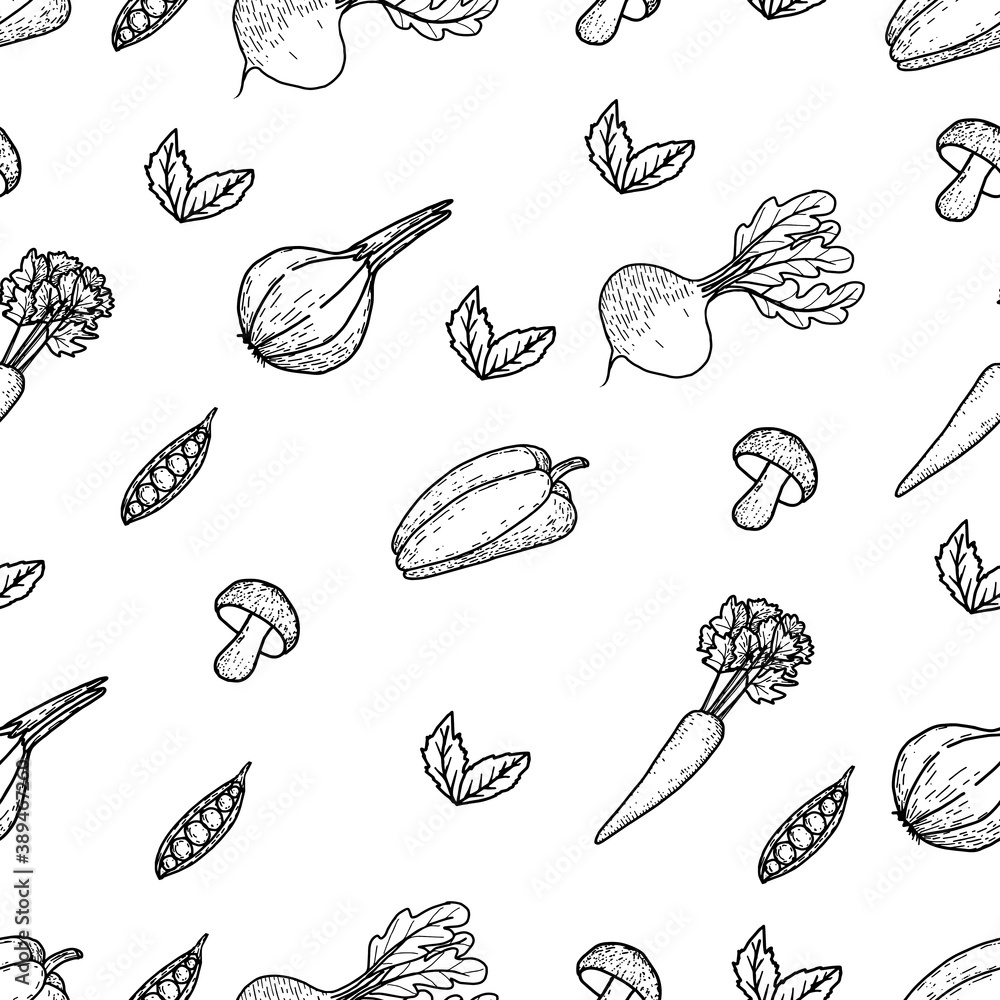 Seamless pattern on a white background. Doodle vegetables. Vector. Vegetables: beets, peppers, carrots, onions and mushrooms, spices. Ideal for menus, eco-friendly packaging, paper, textiles. Seamless pattern on a white background. Doodle vegetables. Vector. Vegetables: beets, peppers, carrots, onions and mushrooms, spices. Ideal for menus, eco-friendly packaging, paper, textiles.