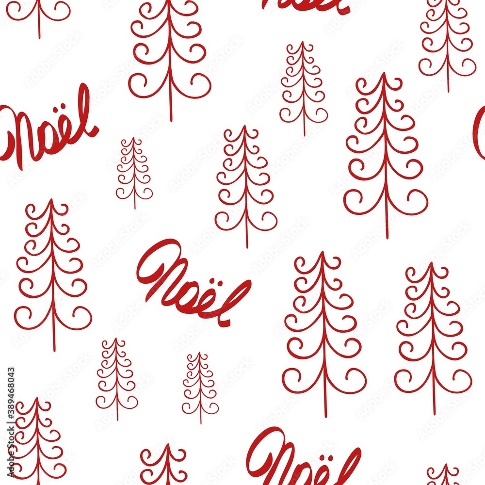 Christmas tree and Merry Christmas in French simple vector seamless pattern in cute cartoon style, decorative forest fir-tree for textile, gift paper, family gatherings winter holidays design Christmas tree and Merry Christmas in French simple vector seamless pattern in cute cartoon style, decorative forest fir-tree for textile, gift paper, family gatherings winter holidays design