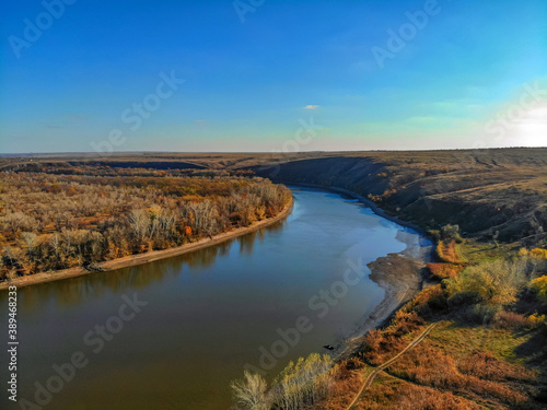 Aerial view of steppe and Seversky Donets in Russia. Beautiful autumn landscape