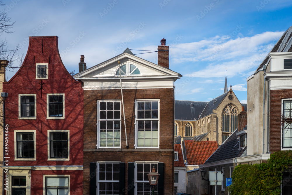 Facades of traditional Dutch buildings in Leiden, Netherlands