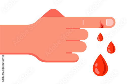 red blood flows from the cut finger. need medical help. flat vector illustration isolated on white background.