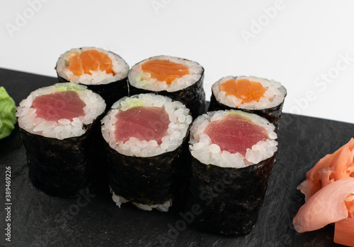 Salmon Hosomaki Sushi or Thin Maki Sushi Rolls Isolated