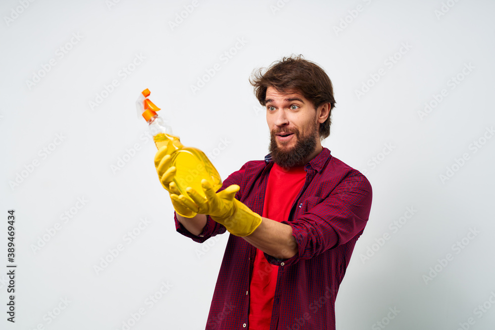 man with detergent in rubber gloves hands service professional man with detergent in rubber gloves hands service professional