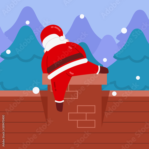 Christmas Santa Character Try To Climb Up The Chimney With Snow And Winter Forest Background Flat Design