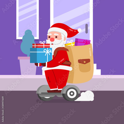 Christmas Santa Character deliver gift box by riding a hover board With Background Flat Design