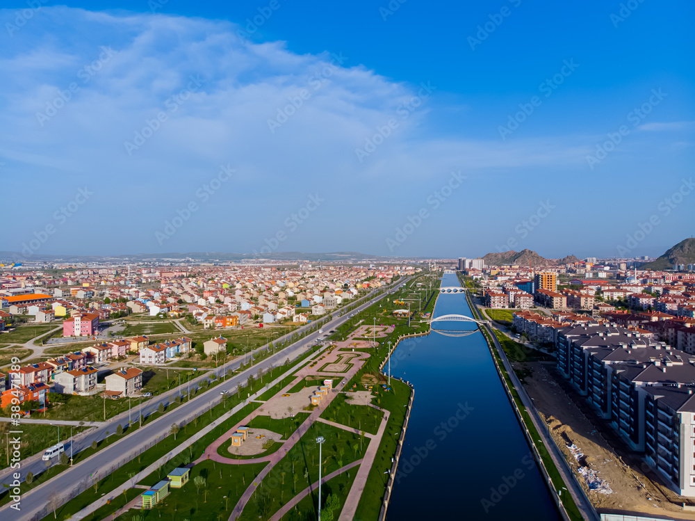 Drone view to the Akcaray river and beautiful part of Afyon city small city that is new tourist attraction in Turkey